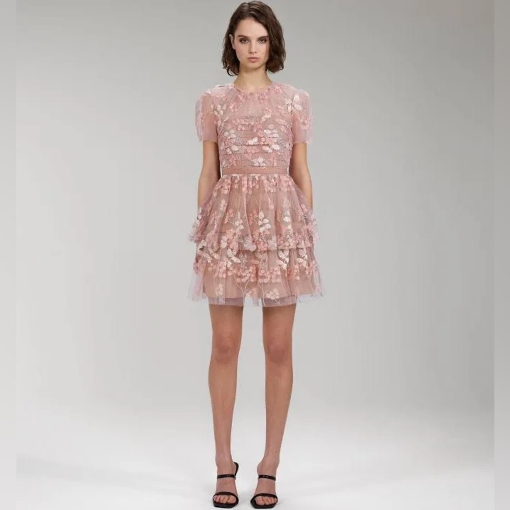 Self-Portrait Flower Mesh Tiered Mini Dress. NWT. US 6/UK 10